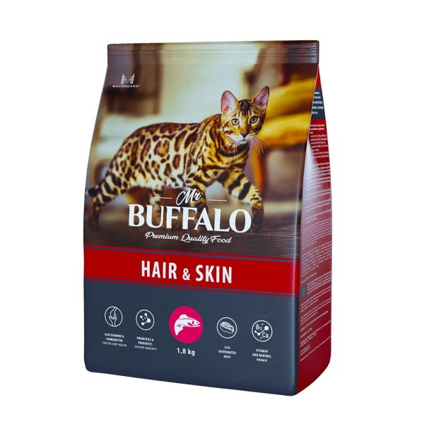 Mr.Buffalo Adult Hair Skin Cухой корм для здоровой кожи и красивой шерсти, для взрослых кошек с Лососем