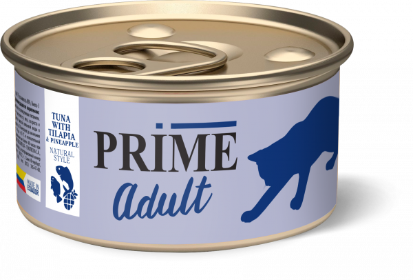 Prime - Консервы для взрослых кошек, Тунец с тилапией и ананасом в собственном соку