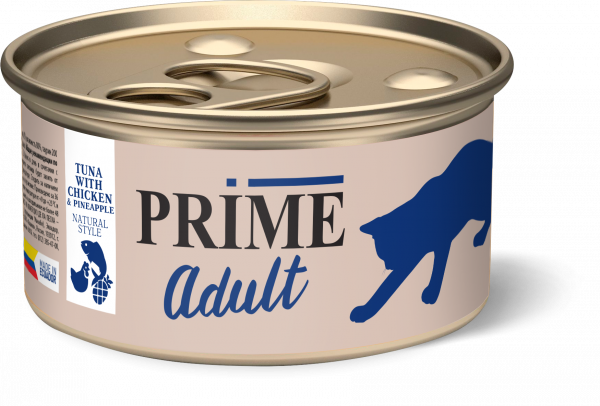 Prime - Консервы для взрослых кошек, Тунец с курицей и ананасом в собственном соку