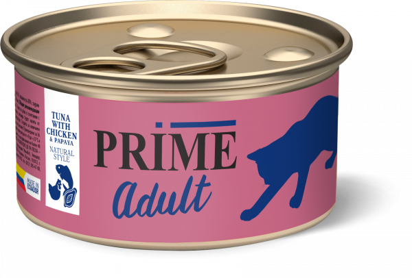 Prime - Консервы для взрослых кошек, Тунец с курицей и папайей в собственном соку
