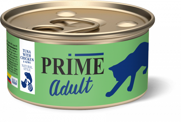 Prime - Консервы для взрослых кошек, Тунец с курицей и киви в собственном соку