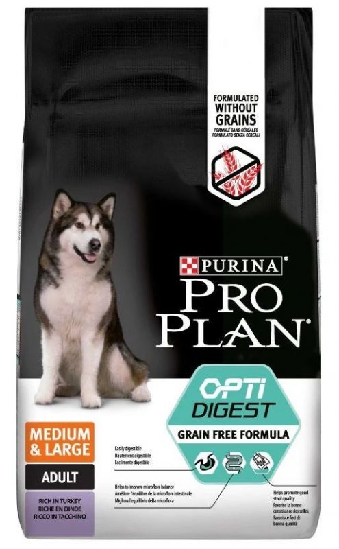 Pro Plan Grain Free Formula Сухой беззерновой корм для взрослых собак средних и крупных пород с чувствительным пищеварением, с индейкой