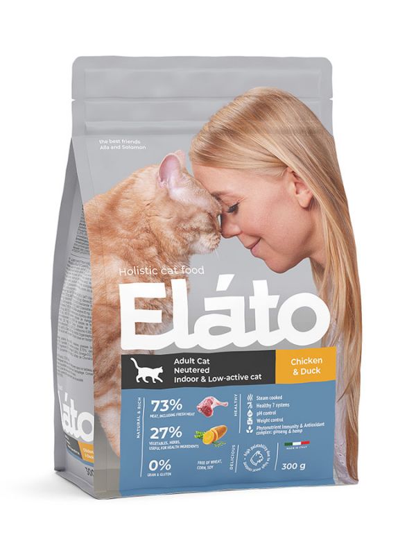Elato Holistic Adult Cat Neutered Indoor & Low-Active Cat - Сухой корм для взрослых кастрированных, стерилизованных и малоактивных котов и кошек с курицей и уткой