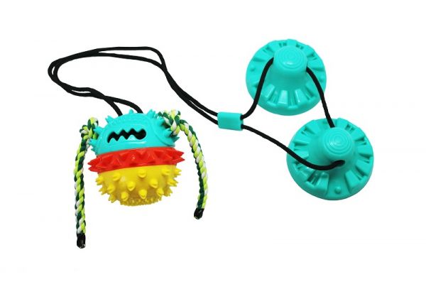 №1 - Игрушка интерактивная для собак Тяни-Кусай,  с двумя присосками, 75 см, шипованый мяч с веревкой