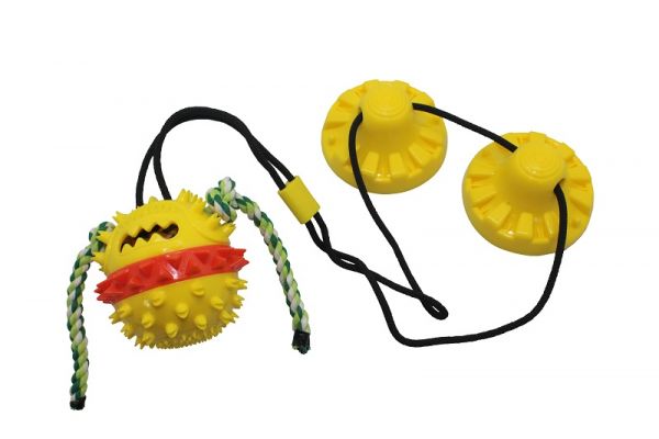 №1  Игрушка интерактивная для собак Тяни-Кусай,  с двумя присосками, 75см, желтый шипованый мяч с ве