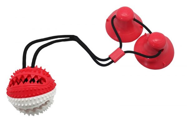 №1  Игрушка интерактивная для собак Тяни-Кусай,  на двух присосках, 55см, красно-белый шипованый мяч