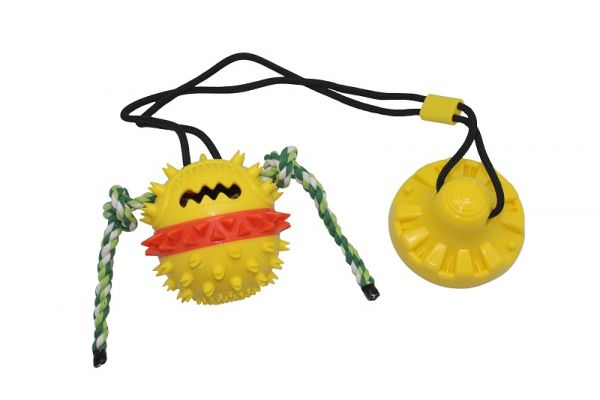 №1  Игрушка интерактивная для собак Тяни-Кусай,  на одной присоске, 71см, желтый шипованый мяч с вер