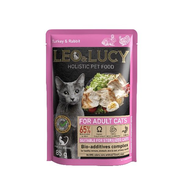LEO&LUCY - Влажный холистик корм консервированный полнорационный - кусочки в соусе для взрослых кошек с индейкой, кроликом и биодобавками, подходит для стерилизованных