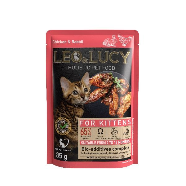 LEO&LUCY - Влажный холистик корм консервированный полнорационный - кусочки в соусе для котят с кроликом, курицей и биодобавками, подходит для стерилизованных
