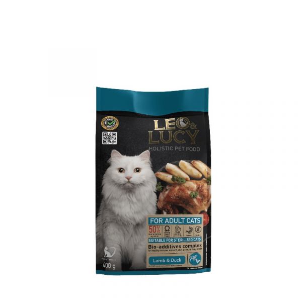 LEO&LUCY - Сухой холистик корм полнорационный для взрослых кошек с ягненком, уткой и биодобавками, подходит для стерилизованных