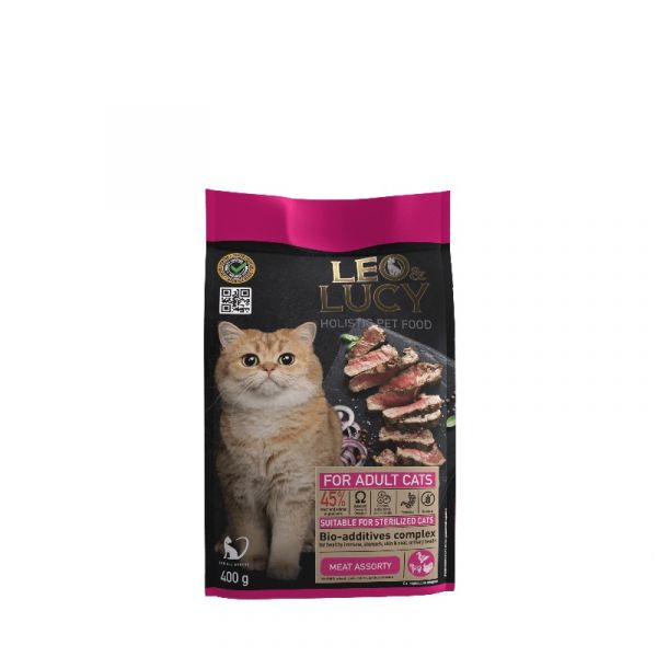 LEO&LUCY - Сухой холистик корм полнорационный для взрослых кошек мясное ассорти и биодобавками, подходит для стерилизованных