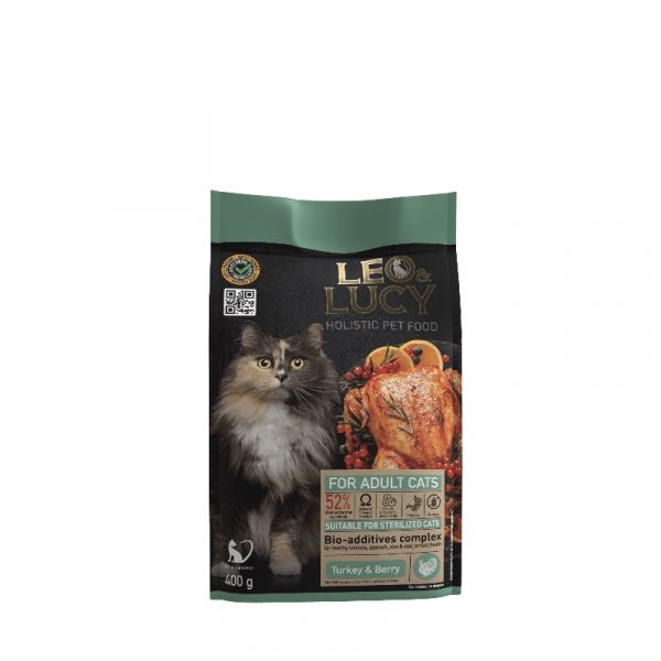 LEO&LUCY - Сухой холистик корм полнорационный для взрослых кошек с индейкой, ягодами и биодобавками, подходит для стерилизованных и пожилых