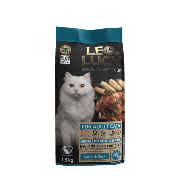 LEO&LUCY - Сухой холистик корм полнорационный для взрослых кошек с ягненком, уткой и биодобавками, подходит для стерилизованных