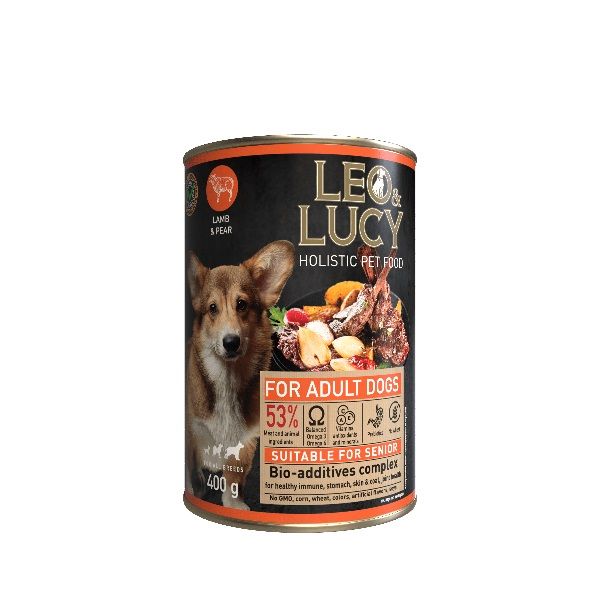 LEO&LUCY - Влажный холистик корм консервированный полнорационный - паштет для взрослых собак всех пород с ягненком, грушей и биодобавками, подходит пожилым
