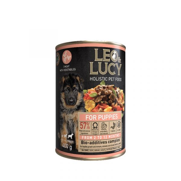 LEO&LUCY - Влажный холистик корм консервированный полнорационный - паштет для щенков мясное ассорти с овощами и биодобавками