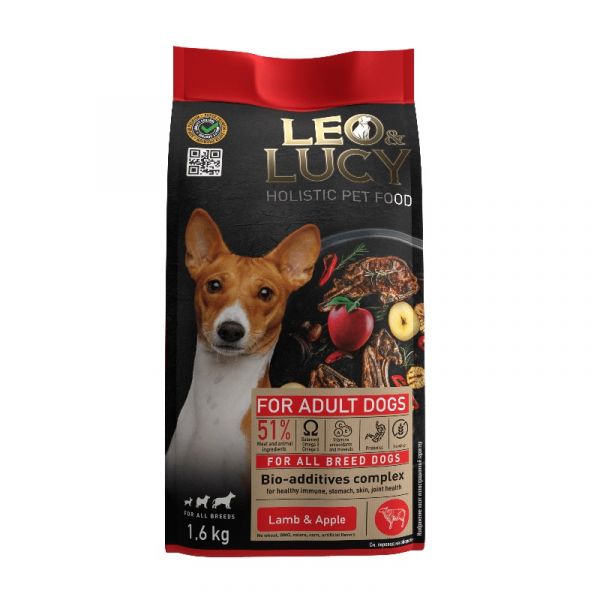 LEO&LUCY - Сухой холистик корм полнорационный для взрослых собак всех пород с ягненком, яблоком и биодобавкам