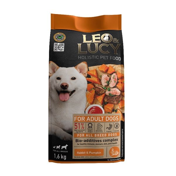 LEO&LUCY - Сухой холистик корм полнорационный для взрослых собак всех пород с кроликом, тыквой и биодобавками