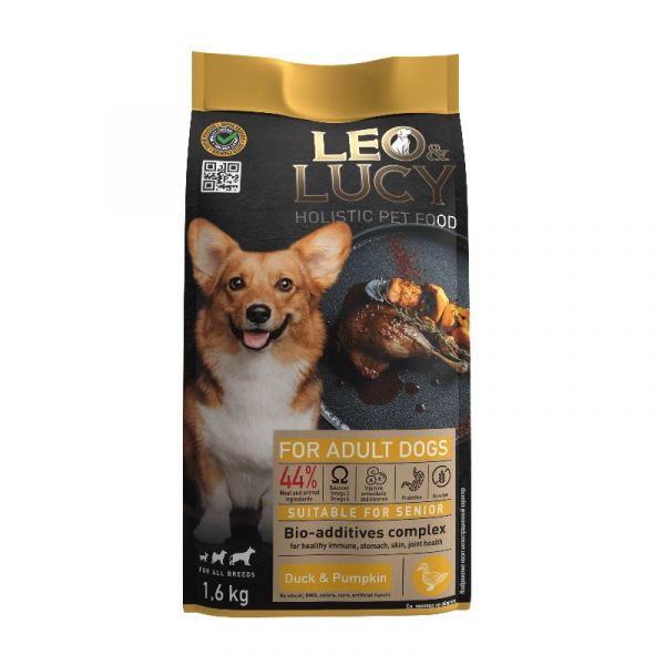 LEO&LUCY - Сухой холистик корм полнорационный для взрослых собак всех пород с уткой, тыквой и биодобавками, подходит пожилым