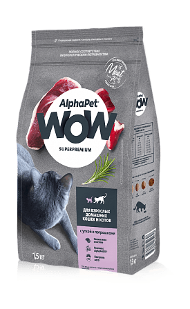 AlphaPet Wow - Сухой корм для взрослых домашних кошек, с Уткой и Потрошками
