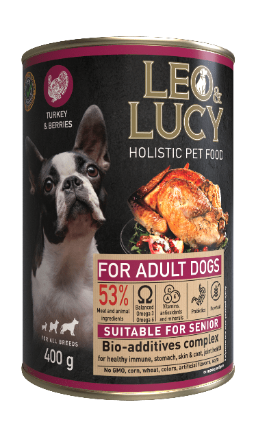 LEO&LUCY - Влажный холистик корм консервированный полнорационный - паштет для взрослых собак всех пород с индейкой, ягодами и биодобавками, подходит пожилым