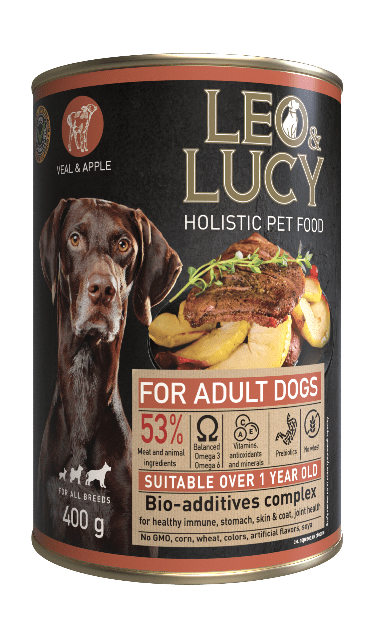 LEO&LUCY - Влажный холистик корм консервированный полнорационный - паштет для взрослых собак всех пород с телятиной, яблоком и биодобавками