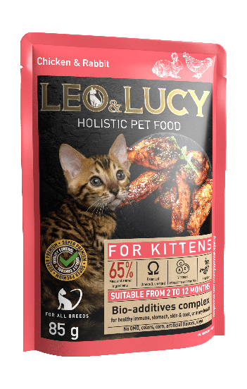 LEO&LUCY - Влажный холистик корм консервированный полнорационный - кусочки в соусе для котят с кроликом, курицей и биодобавками, подходит для стерилизованных