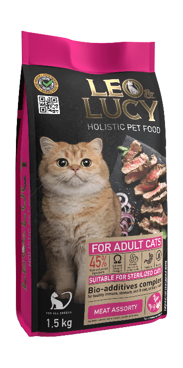 LEO&LUCY - Сухой холистик корм полнорационный для взрослых кошек мясное ассорти и биодобавками, подходит для стерилизованных