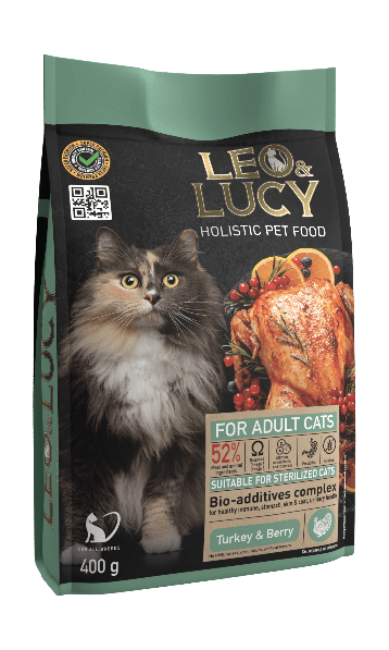 LEO&LUCY - Сухой холистик корм полнорационный для взрослых кошек с индейкой, ягодами и биодобавками, подходит для стерилизованных и пожилых