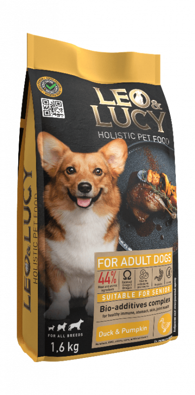 LEO&LUCY - Сухой холистик корм полнорационный для взрослых собак всех пород с уткой, тыквой и биодобавками, подходит пожилым