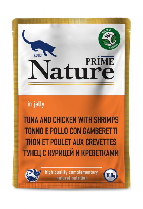 Prime Nature - Паучи для кошек, Тунец с курицей и креветками в желе