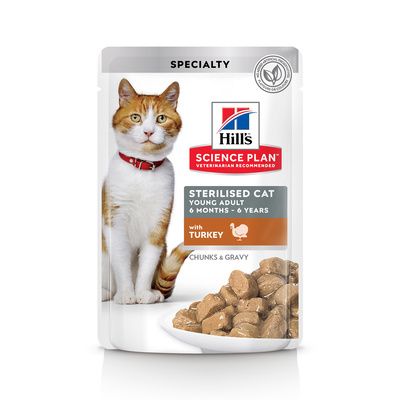Hill's Sterilised Cat консервы Science Plan для молодых стерилизованных кошек и кастрированных котов, пауч с индейкой в соусе