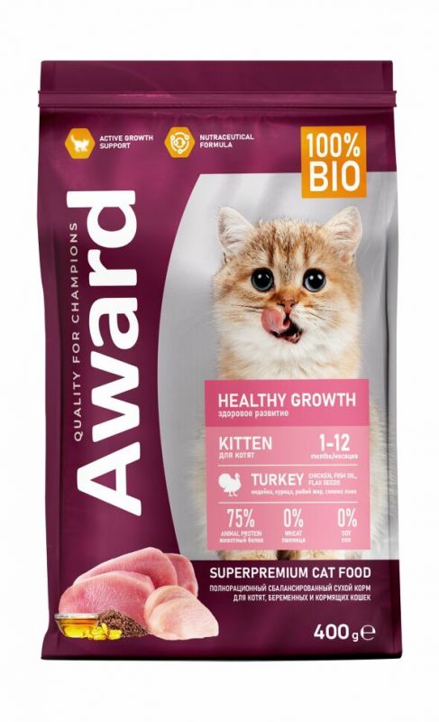 Award Healthy growth - Сухой корм для котят от 1 месяца, беременных и кормящих кошек с индейкой и курицей с добавлением рыбьего жира и семян льна