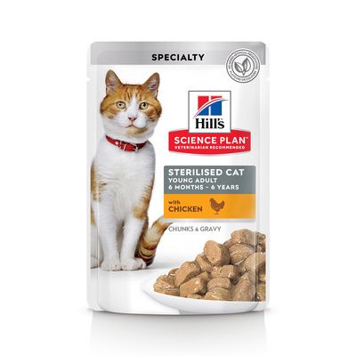 Hill's Sterilised Cat консервы Science Plan для молодых стерилизованных кошек и кастрированных котов, пауч с курицей в соусе