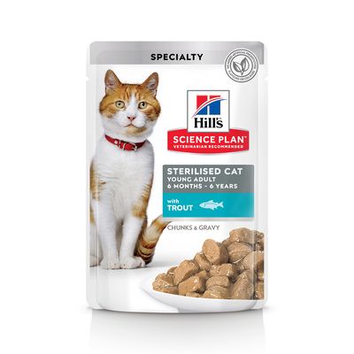 Hill's Sterilised Cat консервы Science Plan для молодых стерилизованных кошек и кастрированных котов, пауч с форелью в соусе