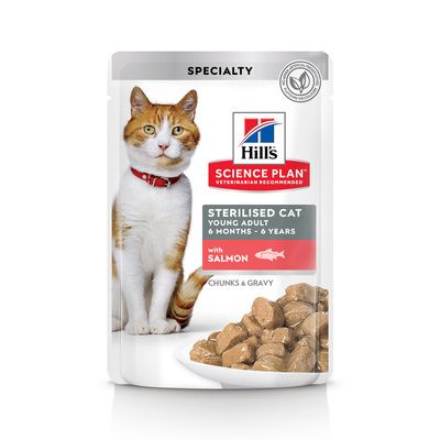 Hill's Sterilised Cat консервы Science Plan для молодых стерилизованных кошек и кастрированных котов, пауч с лососем в соусе