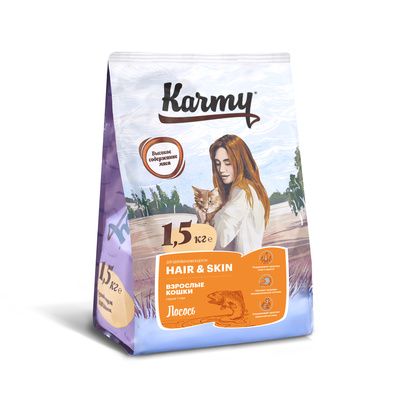Karmy Hair&Skin - Сухой корм для кошек, поддерживающий здоровье кожи и шерсти с лососем