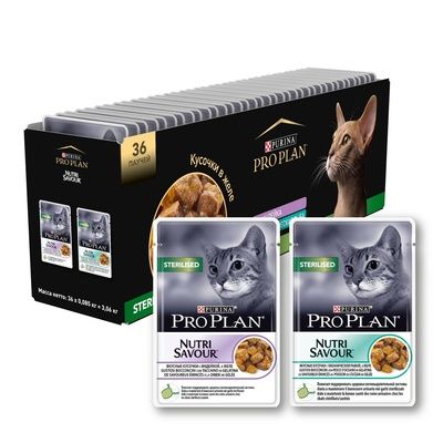 Purina Pro Plan мультипак Паучи для кастрированных кошек 36 шт (индейка, океаническая рыба в желе)