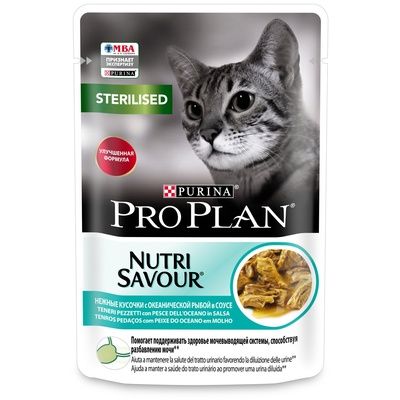 Purina Pro Plan влажный корм Nutri Savour для стерилизованных кошек и кастрированных котов, кусочки с океанической рыбой в соусе