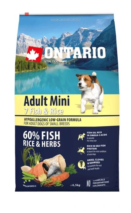 Ontario Adult Mini 7 Fish & Rice  Сухой корм для собак малых пород с 7 видами рыбы и рисом