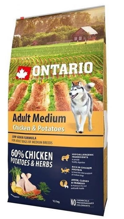 Ontario Adult Medium Chicken & Potatoes  Сухой корм для собак средних пород с курицей и картофелем