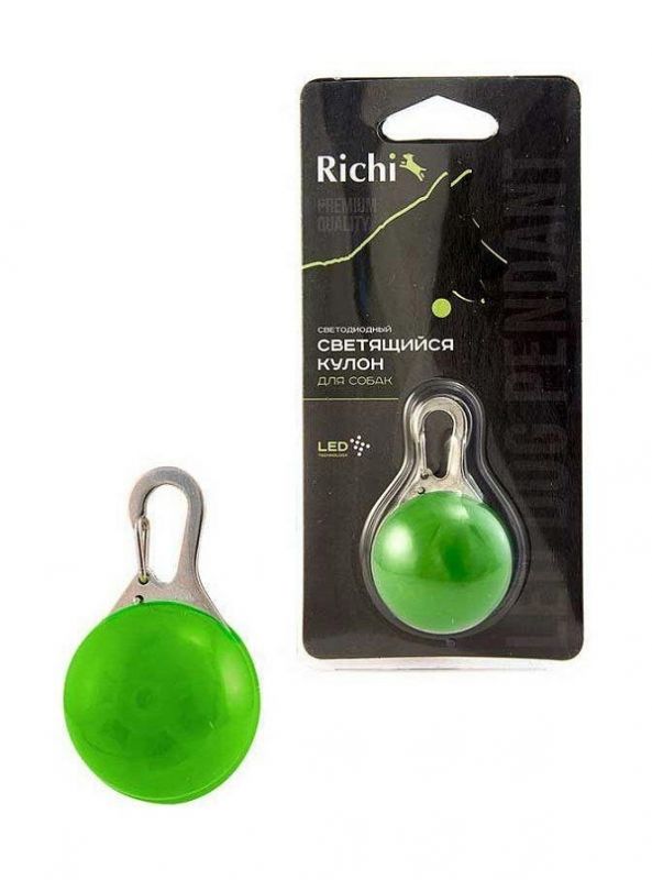 LED-кулон RICHI зеленый на ошейник, 3 режима, CR2032 в компл.