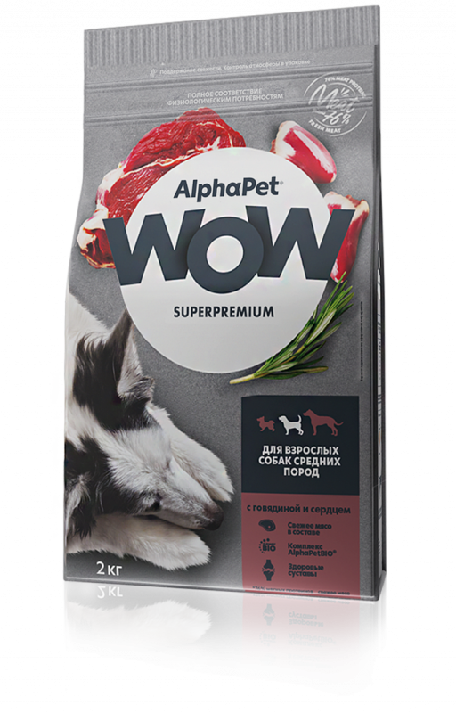 AlphaPet Wow - Сухой корм для взрослых собак средних пород с Говядиной и Сердцем