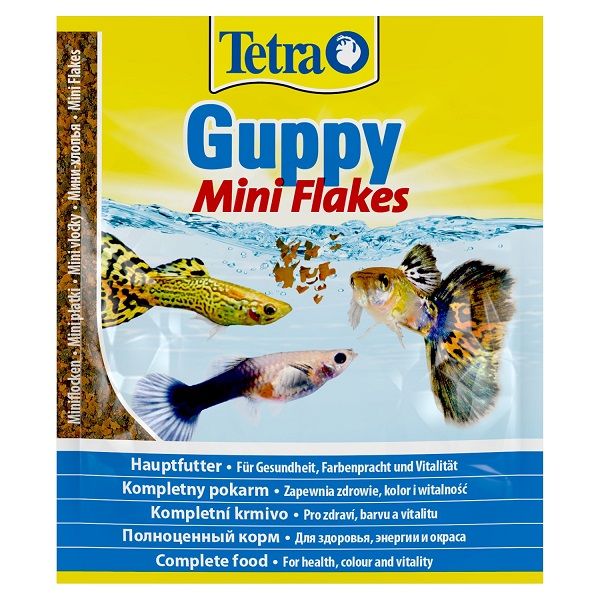 Guppy Mini Flakes, корм для гуппи, 12г, хлопья, подходит для других видов живородящих рыб, (сашет)