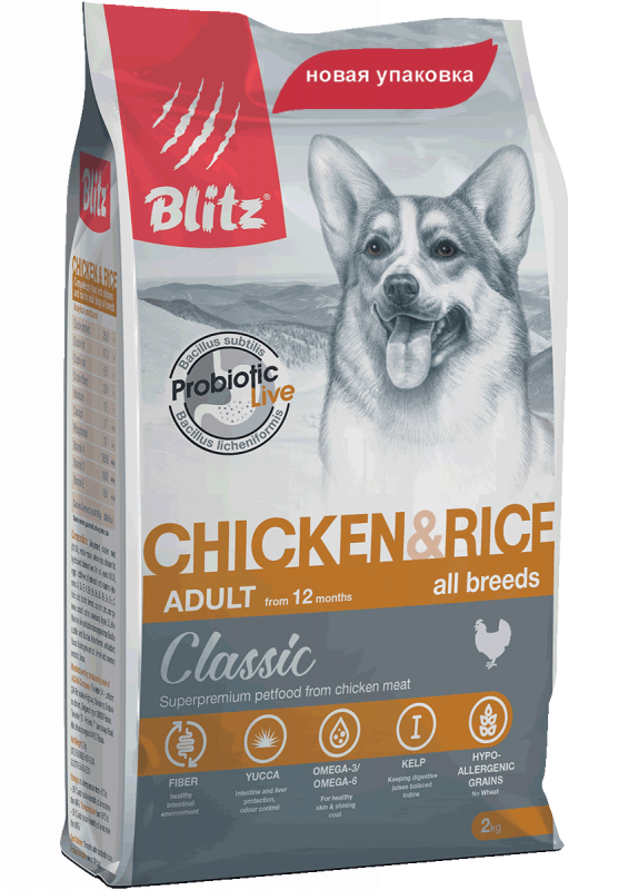 Blitz Classic Chicken & Rice Adult Dog - сухой корм с Курицей и Рисом для собак всех пород