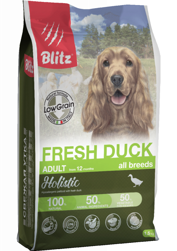 Blitz Holistic Fresh Duck Adult Dog - низкозерновой сухой корм с Уткой для взрослых собак всех пород