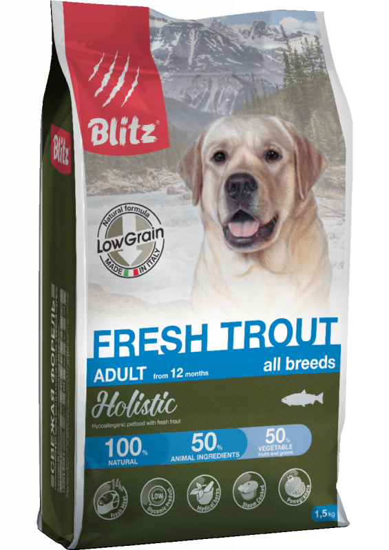 Blitz Holistic Fresh Trout Adult Dog - низкозерновой сухой корм с Форелью для взрослых собак всех пород