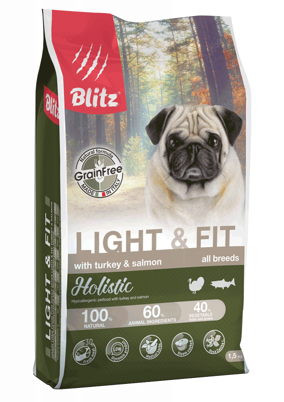 Blitz Holistic Light & Fit Dog Turkey & Salmon - сухой беззерновой корм для собак, склонных к лишнему весу с Индейкой и Лососем