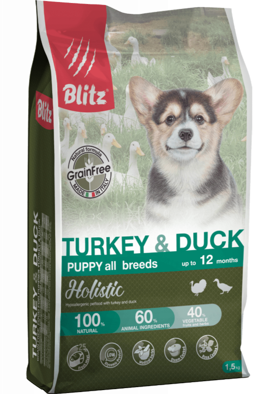 Blitz Holistic Turkey & Duck Puppy All Breeds - беззерновой сухой корм для щенков всех пород с индейкой и уткой