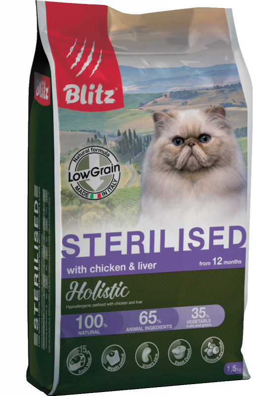 Blitz Holistic Chicken & Liver Adult Sterilised Cat - сухой низкозерновой холистик корм для стерилизованных кошек с Курицей и Печенью