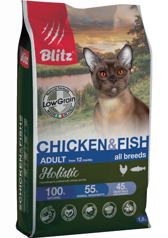 Blitz Holistic Chicken & Fish Cat - низкозерновой сухой холистик корм для кошек с Курицей и Рыбой